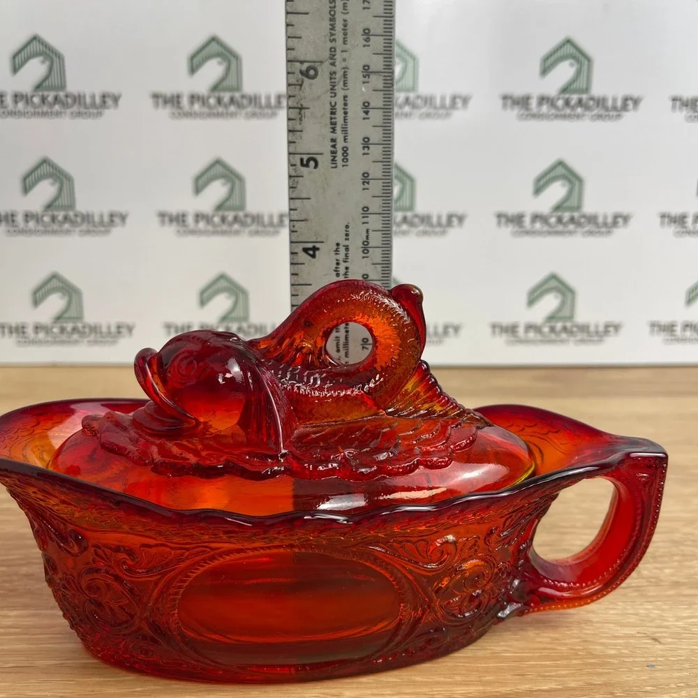 Vintage Amberina Glass Koi Fish Covered Gravy Boat Dish Red Orange 7 Inch